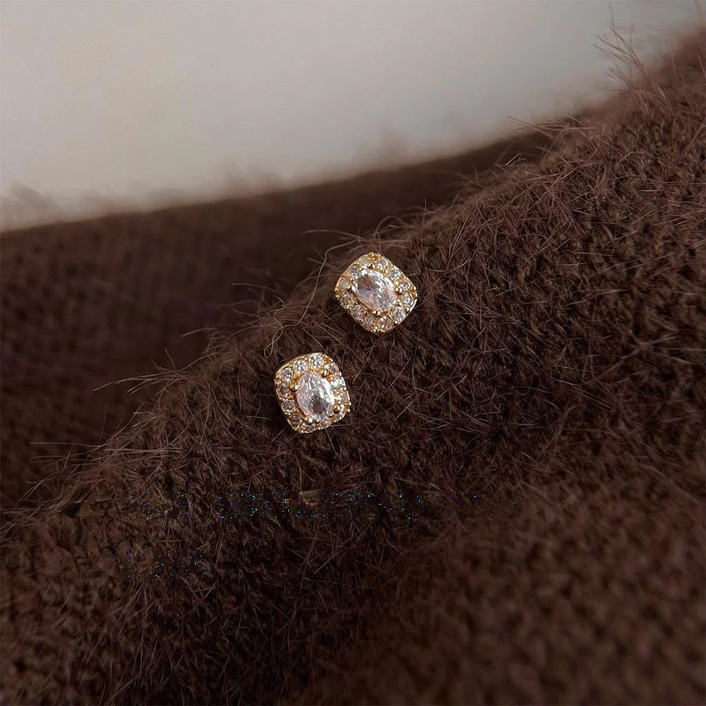Mini Micro Pave Zircon Square Geometric Copper Stud Earrings Minimalist Fashion Jewelry