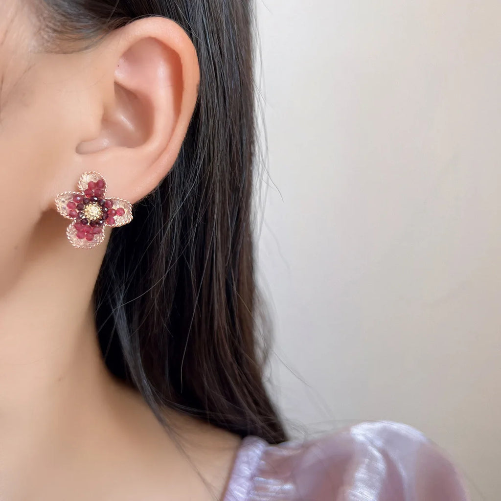 Elegant Crystal Rhinestone Flower Stud & Clip On No Piercing Options For Women Luxury Floral Earrings