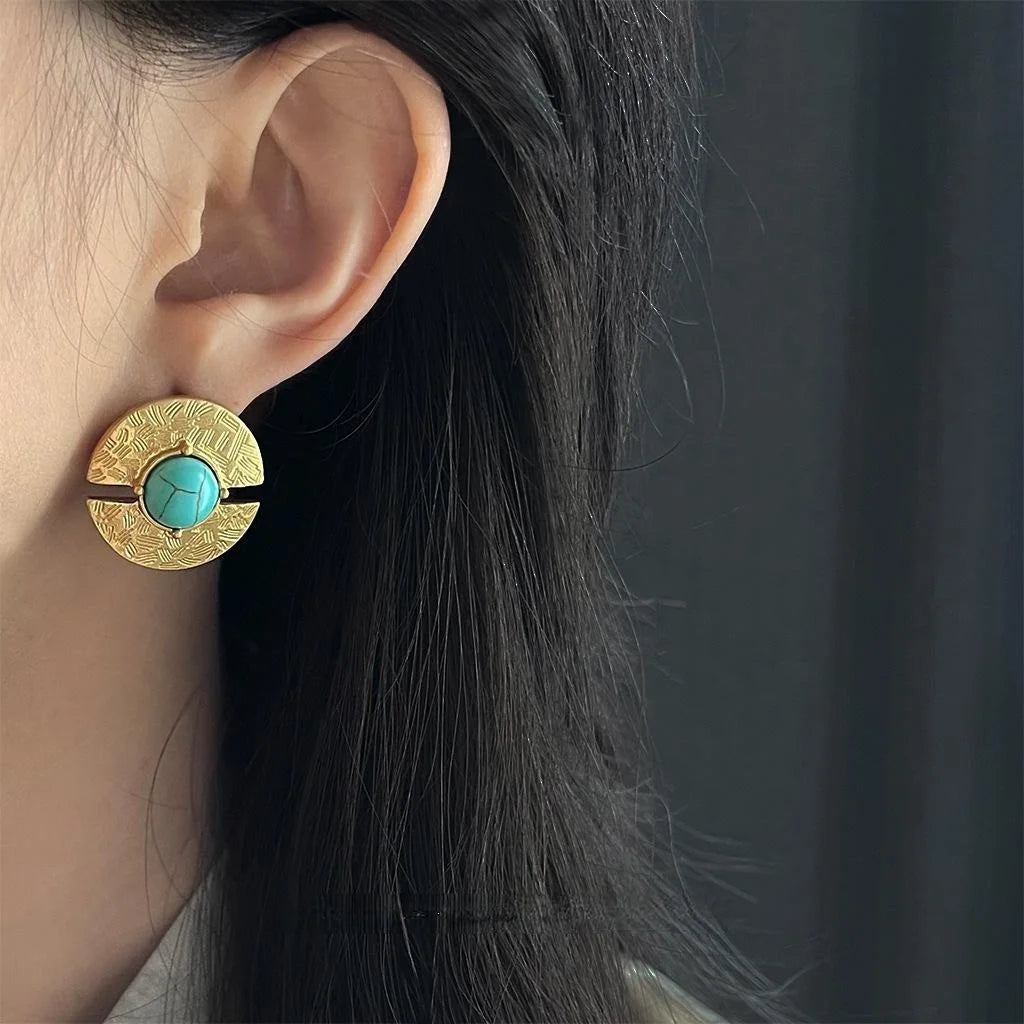 Vintage Copper Synthetic Turquoise Geometric Round Stud Earrings French Court Style