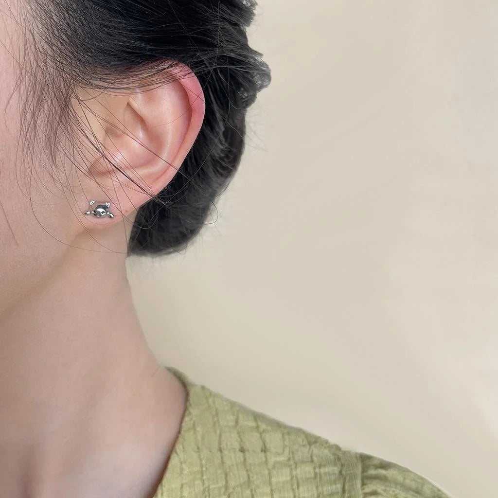 Cute Mini Cat Copper Stud Earrings For Women, Minimalist Animal Daily Commuter Jewelry
