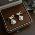 French Vintage Bow Drop Earrings Eco-Friendly Copper Pearl Micro Pave Zircon Hepburn Style Jewelry
