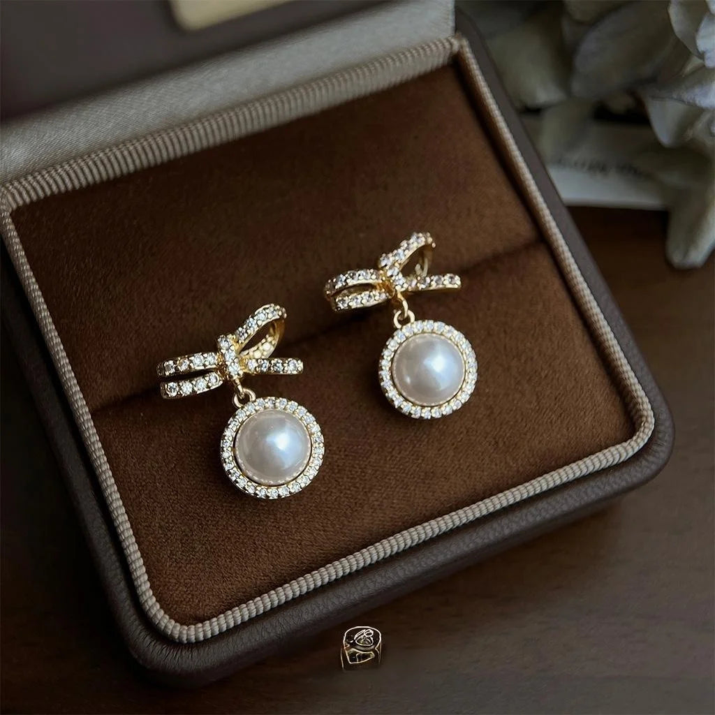 French Vintage Bow Drop Earrings Eco-Friendly Copper Pearl Micro Pave Zircon Hepburn Style Jewelry
