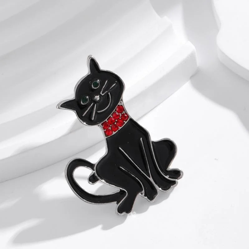 Cartoon Black Cat Enamel Alloy Brooch With Rhinestone Collar, Cute Halloween Lapel Pin Corsage Gift