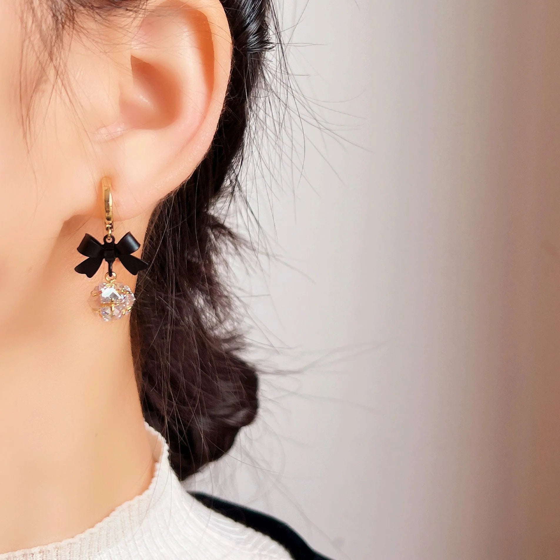 Vintage Black Bow Alloy Zircon Crystal Drop Stud & Clip On No Piercing Luxury Dangle Earrings