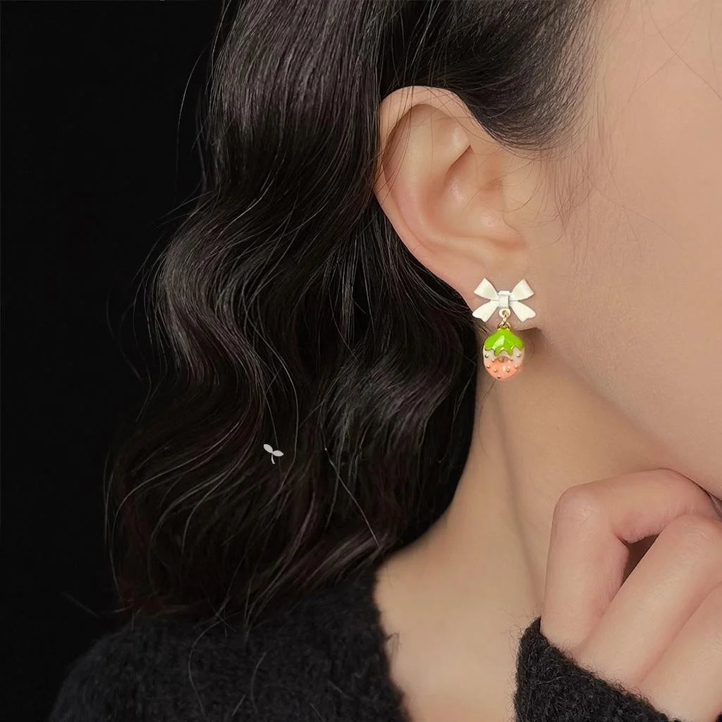 Sweet Strawberry Bow Drop Earrings Copper Summer Cute Jewelry