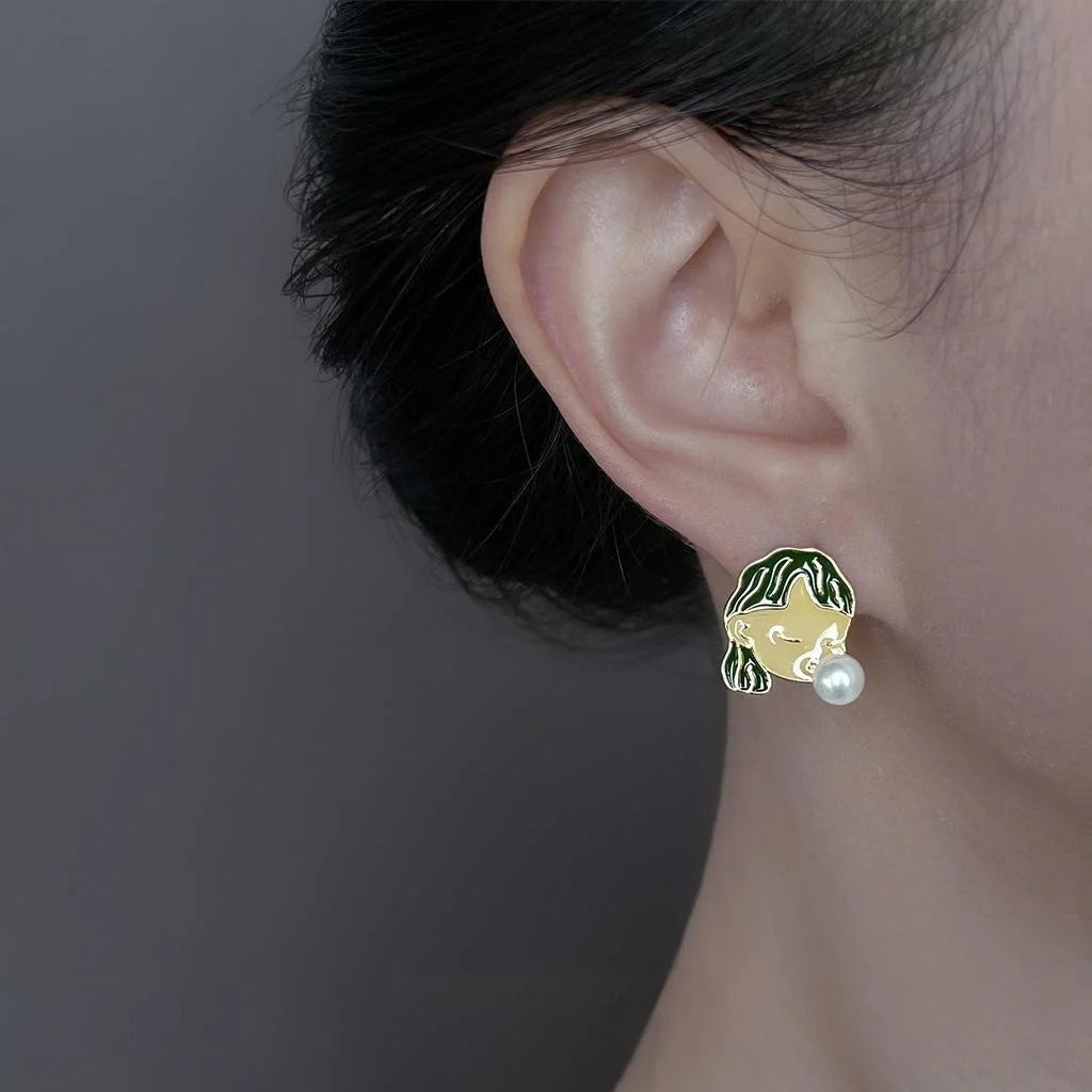14K Plated Copper Enamel Bubble Girl Stud Earrings With Pearl Trendy Cartoon Design