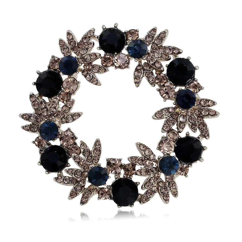 Luxury Rhinestone Floral Wreath Brooch With Navy Crystal Accents, Elegant Alloy Lapel Pin Suit Accessory
