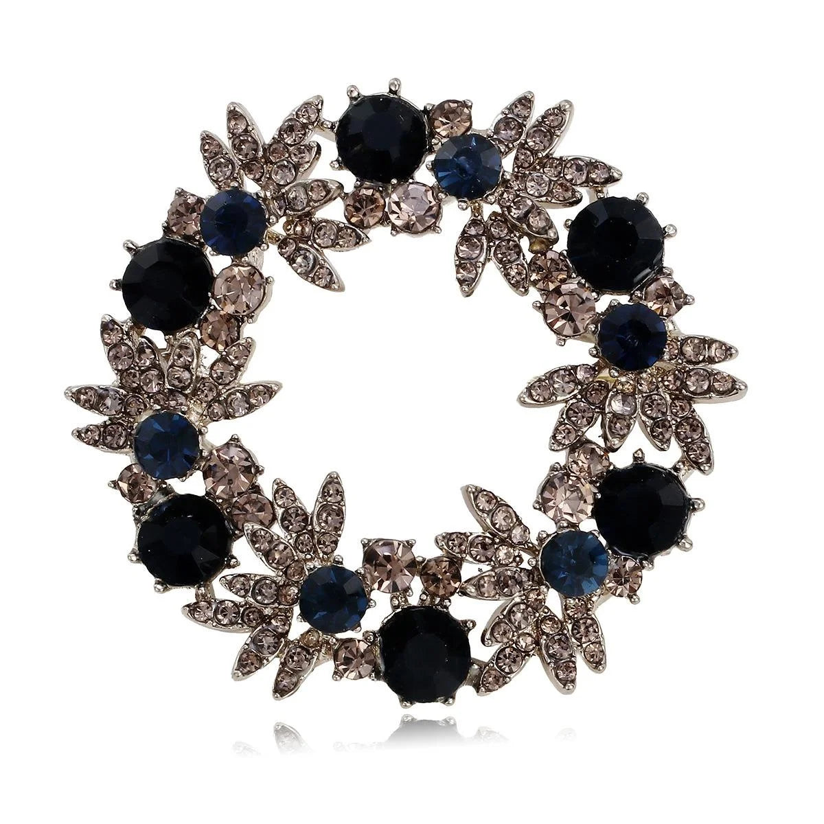 Luxury Rhinestone Floral Wreath Brooch With Navy Crystal Accents, Elegant Alloy Lapel Pin Suit Accessory