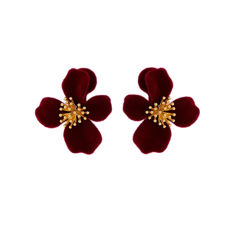 Elegant Red Velvet Flower Alloy Stud & Clip On No Piercing Sweet Floral Winter Women's Earrings