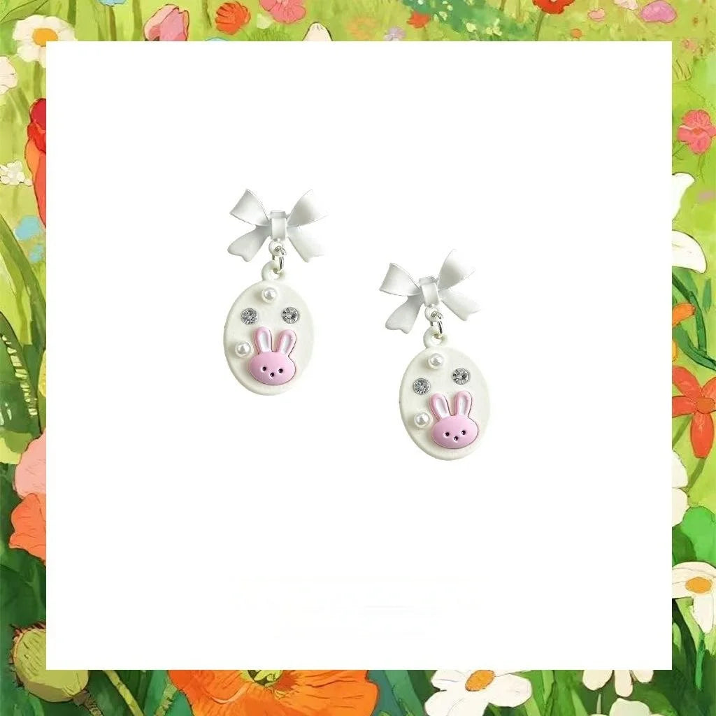 Cute Enamel Rhinestone Bunny Bow Pearl Copper Drop Earrings Sweet Kawaii Jewelry