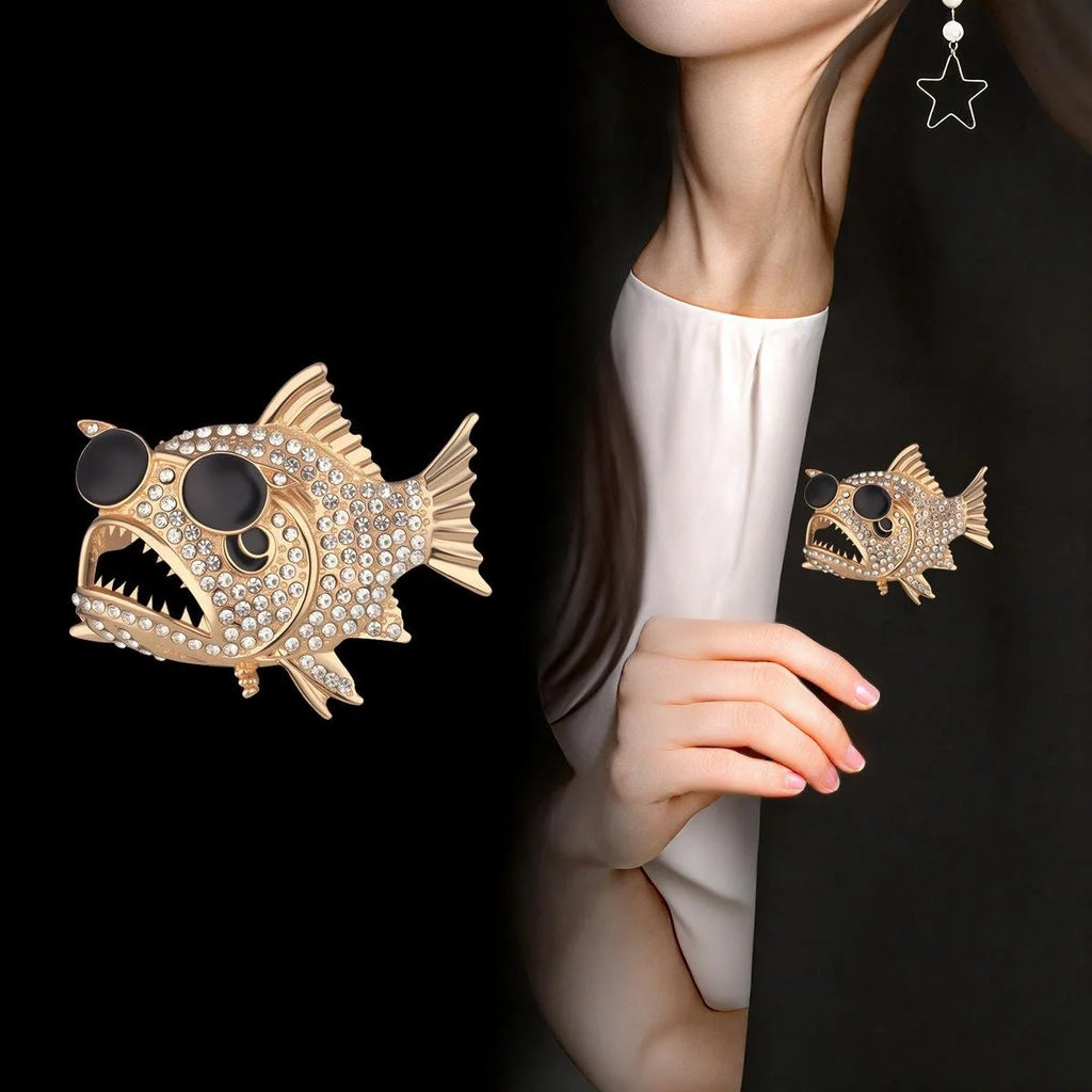 Luxury Rhinestone Piranha Fish Brooch In Gold Alloy With Black Enamel Eyes, Ocean Lapel Pin Gift