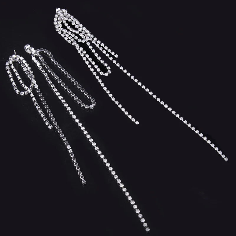 Luxury Long Rhinestone Tassel Swirl Back Drop Stud & Clip On No Piercing Statement Earrings