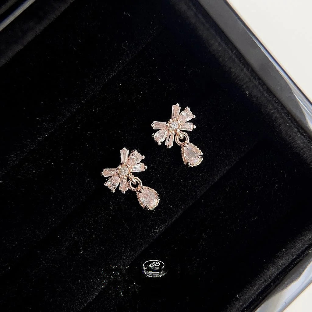 Rose Gold Plated Copper Bow Teardrop Drop Earrings With Micro Pave Zircon Light Luxury
