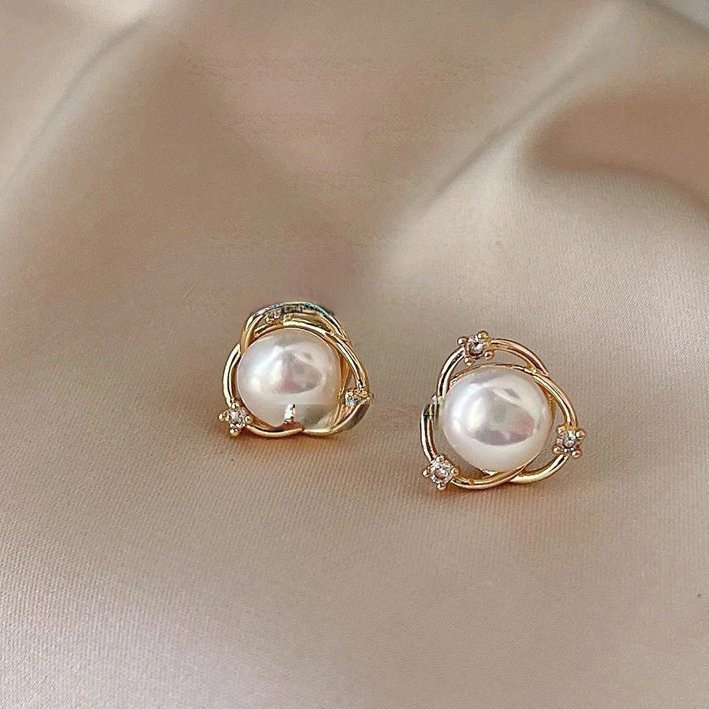 Freshwater Pearl Micro Pave Zircon 14K Plated Geometric Circle Cross Stud Earrings
