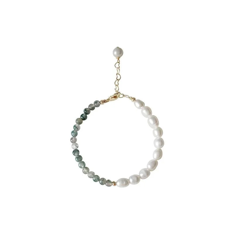French Light Luxury Freshwater Pearl And Water Grass Jade Geometric Handmade Bracelet