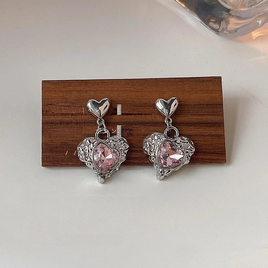 Sweet Cool Heart Stud Earrings Copper Silver Plated Pin Trendy Style Jewelry