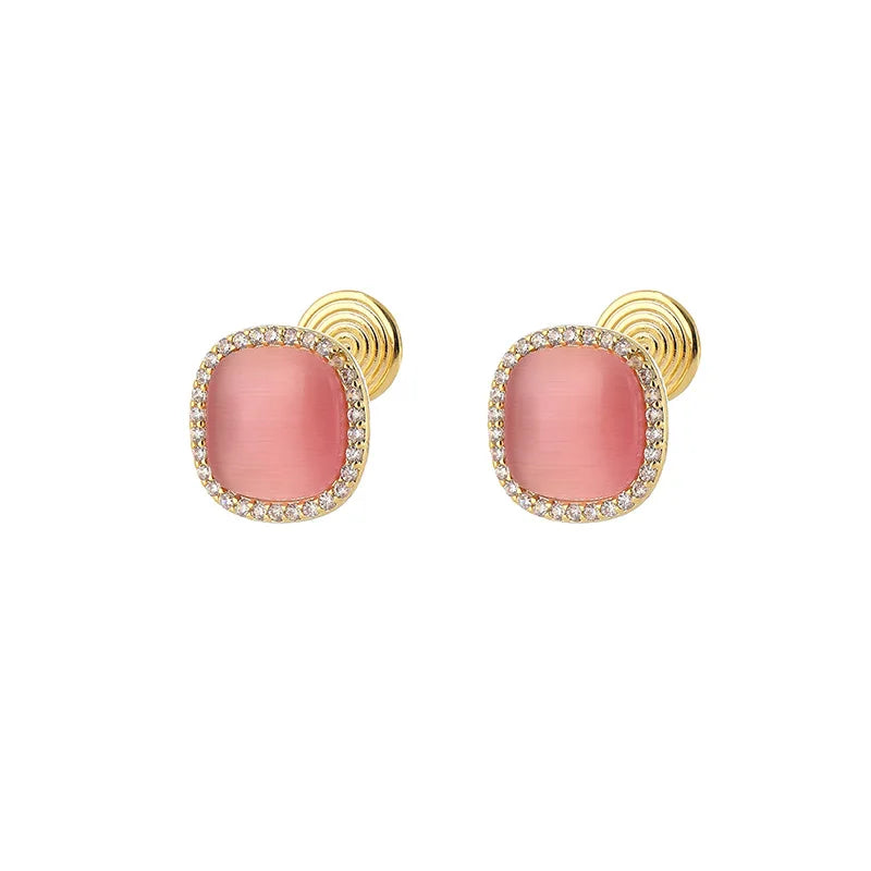 Elegant Pink Cat Eye Square Zircon Halo Stud & Clip On No Piercing Women's Fashion Earrings