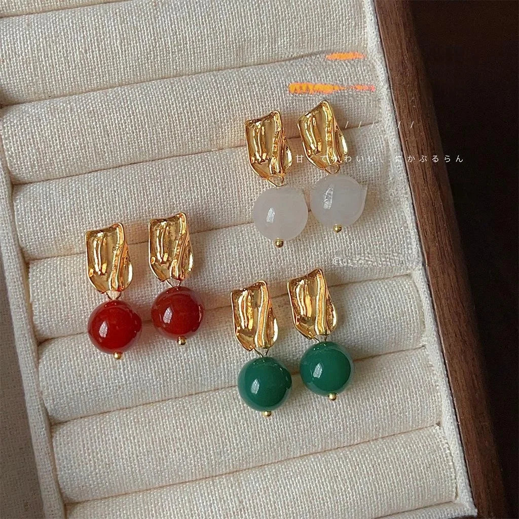 French Vintage 14K Gold Plated Copper Green Agate Irregular Geometric Drop Earrings