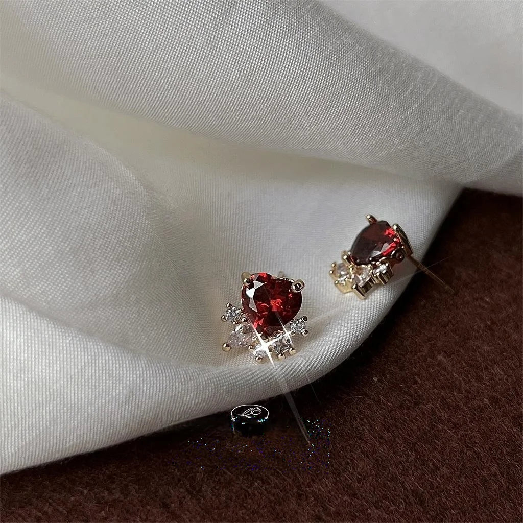 French Style 14K Gold Plated Copper Heart Micro Pave Zircon Stud Earrings
