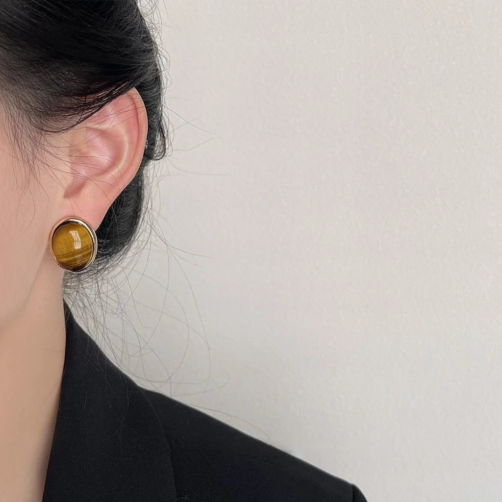 Vintage Tiger Eye Oval Geometric Stud Earrings 14K Plated Copper Natural Stone Ear Jewelry