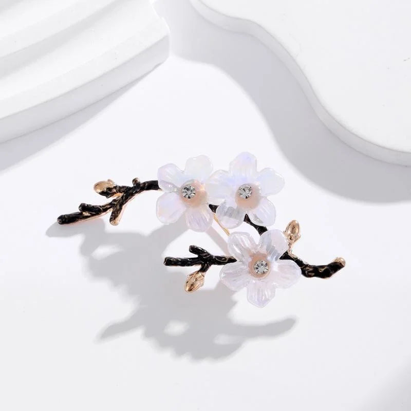 Elegant Plum Blossom Branch Brooch With Mother Of Pearl Petals And Rhinestone Centers, Luxury Lapel Pin Gift