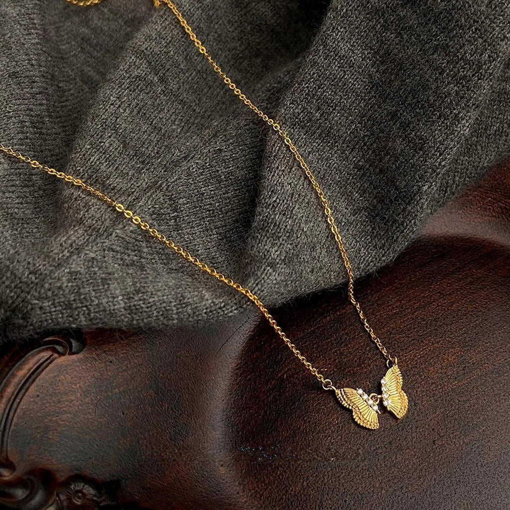 Minimalist 18K Real Gold Plated Copper Micro Pave Zircon Butterfly Collarbone Necklace