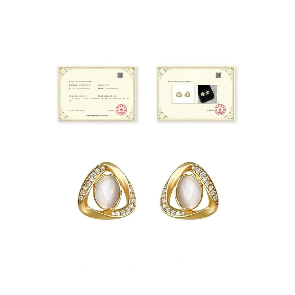 Light Luxury 14K Gold Plated Copper Geometric Cat Eye Zircon Triangle Oval Stud Earrings
