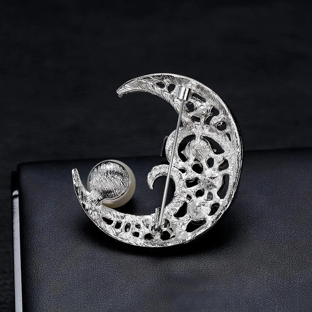 Elegant Crescent Moon Pearl Rhinestone Brooch For Women, Luxury Alloy Lapel Pin Corsage Suit Accessory Gift