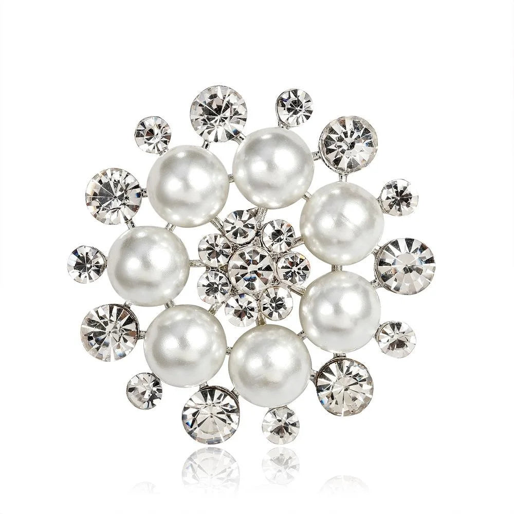 Elegant Pearl And Rhinestone Flower Brooch, Silver Alloy Lapel Pin Corsage For Shirt Suit Accessory