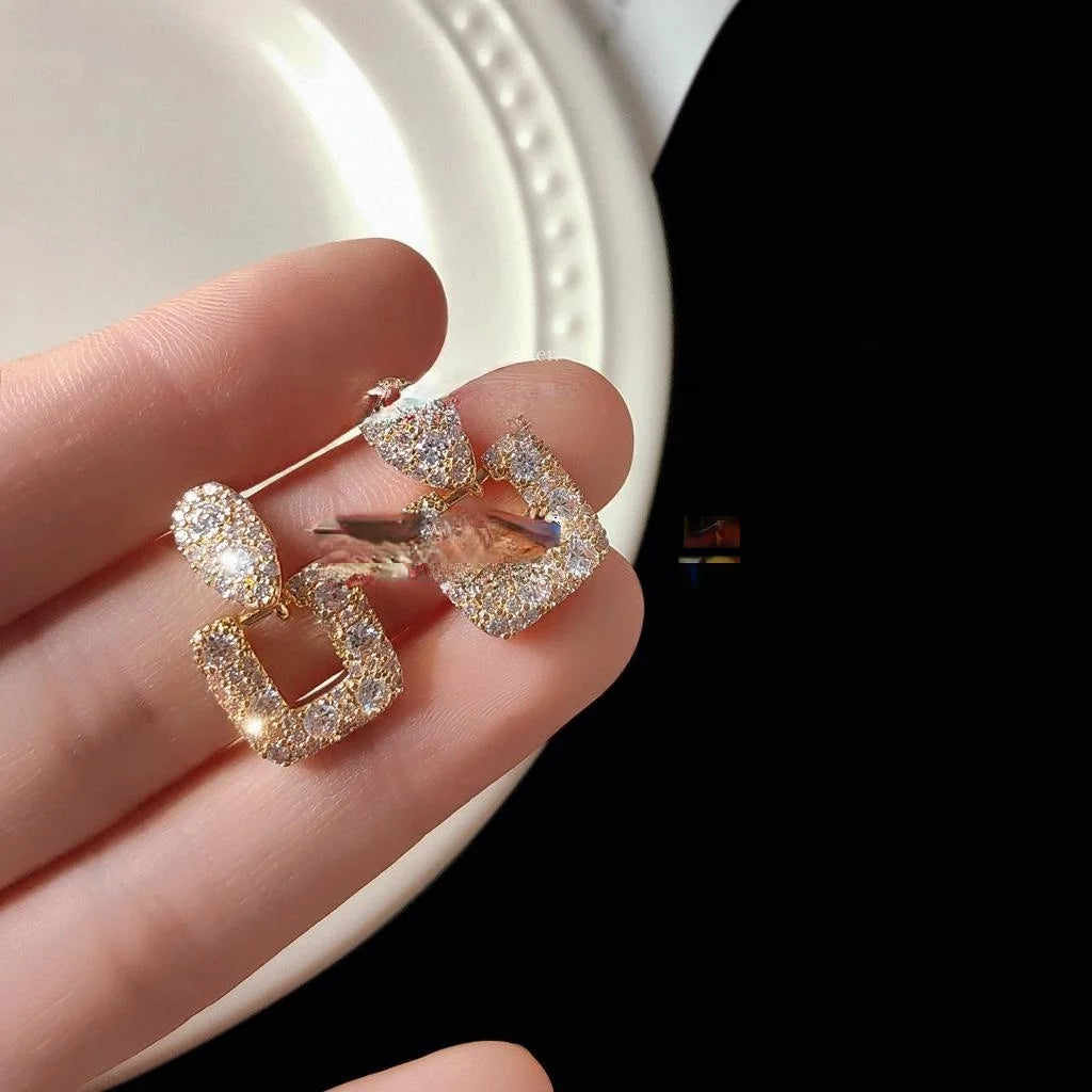 14K Plated Copper Square Geometric Micro Pave Zircon Stud Earrings Korean Style For Women