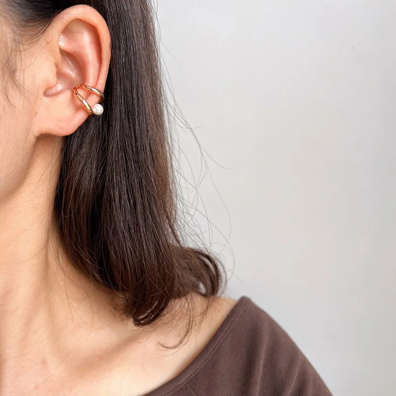 Elegant Pearl Double Hoop Ear Cuff Alloy Metal Lines Stud & Clip On No Piercing Women's Earrings