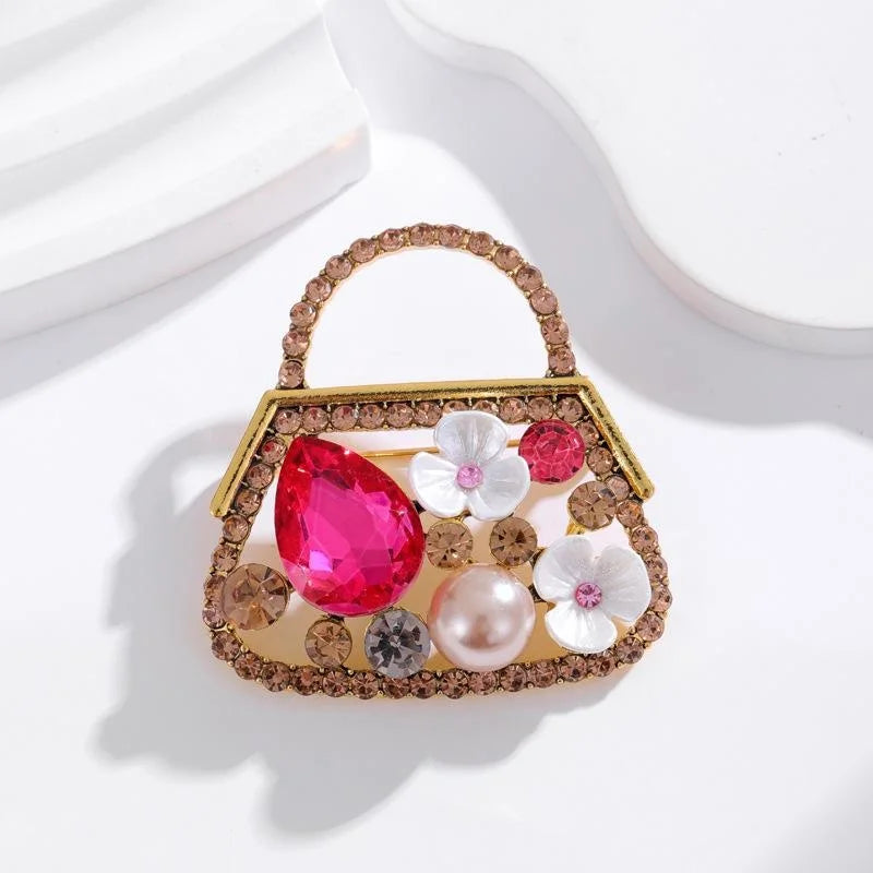 Vintage Handbag Brooch With Pink Rhinestones, Faux Pearl And Mother Of Pearl Flowers, Elegant Lapel Pin Gift