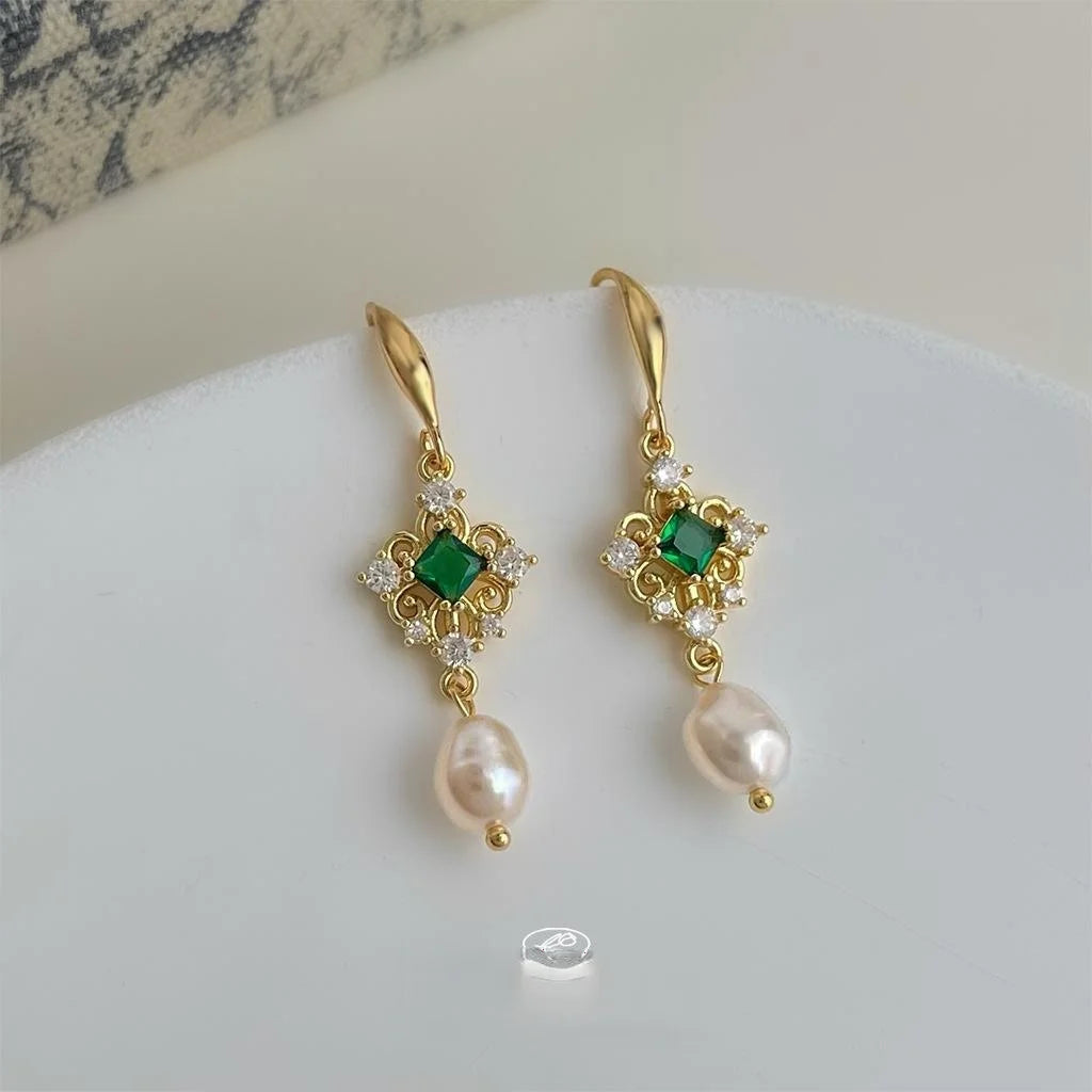 Hong Kong Style Baroque Freshwater Pearl Tassel Drop Earrings With Zircon Micro Pave Copper Geometric Design