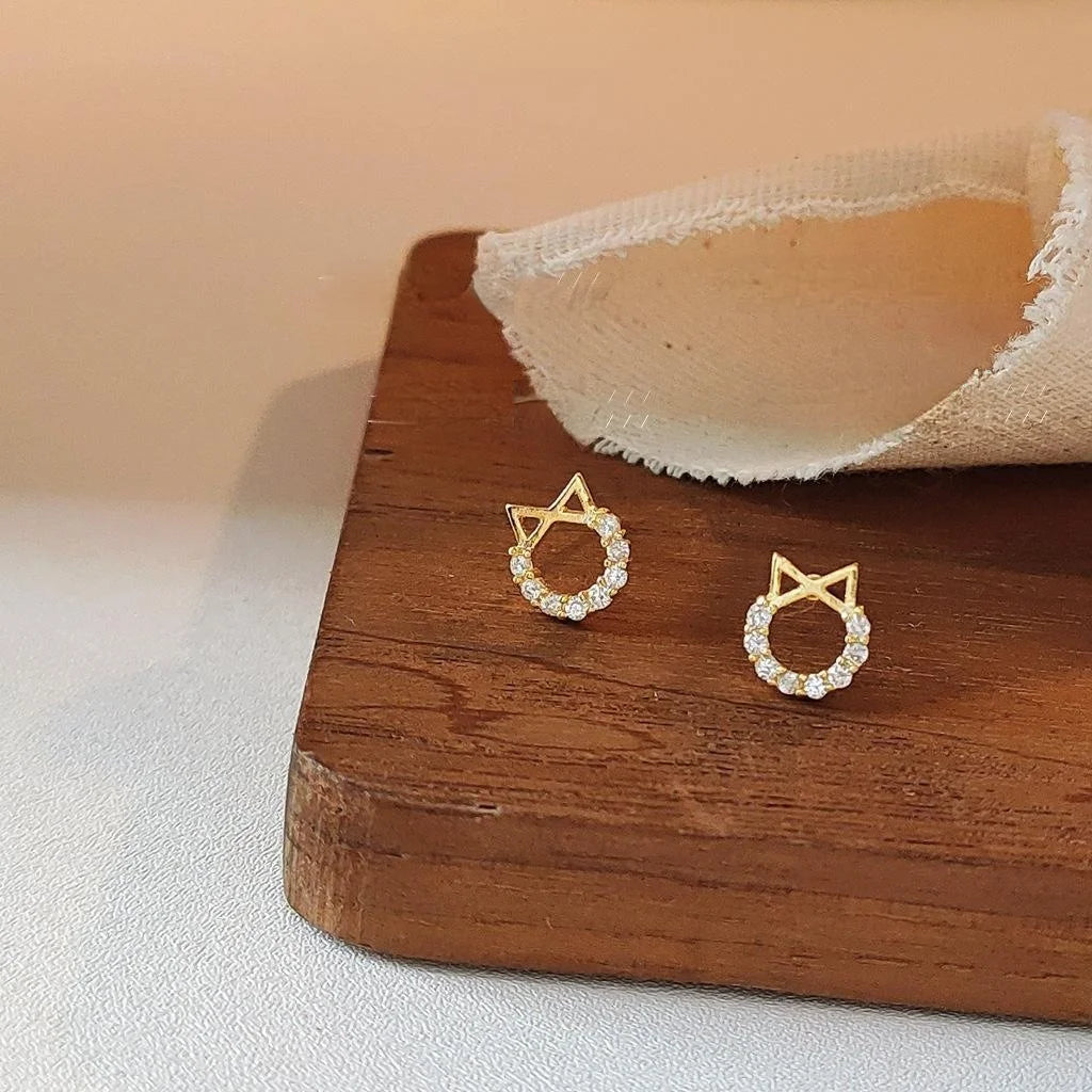 14K Gold Plated Copper Cat Head Stud Earrings Micro Pave Zircon Korean Japanese Mini Jewelry