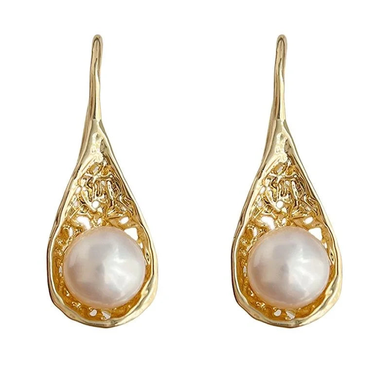 14K Gold Plated Copper Freshwater Pearl Teardrop Drop Earrings Elegant Minimalist Jewelry
