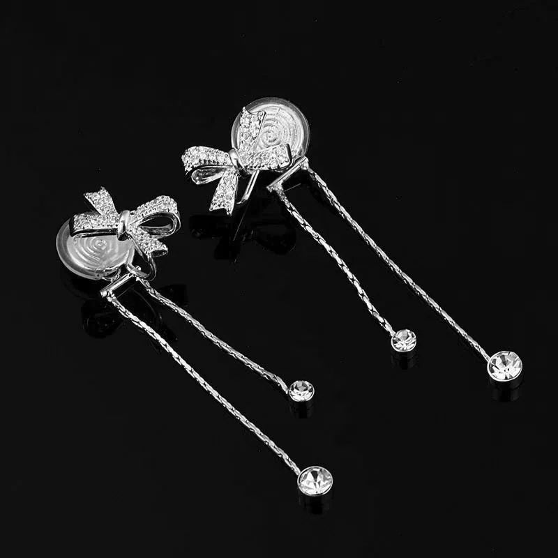 Elegant Zircon Bow Tassel Chain Stud & Clip On No Piercing Luxury Gold Alloy Drop Earrings