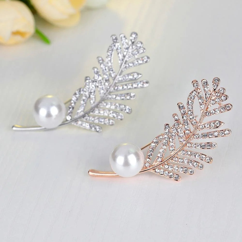 Elegant Pearl Rhinestone Leaf Brooch For Women, Copper Alloy Zircon Lapel Pin Corsage Suit Accessory Gift