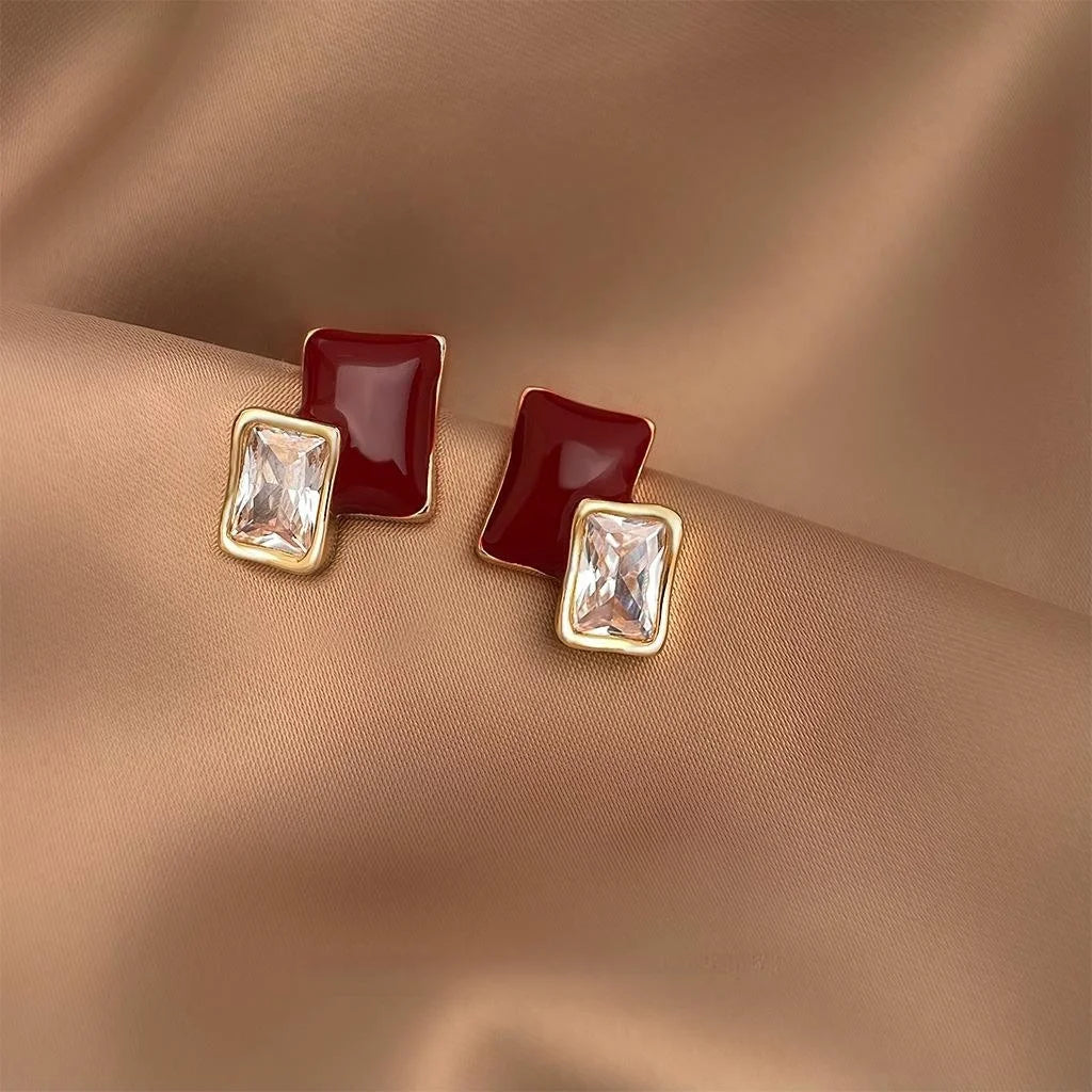 14K Plated Copper Geometric Square Zircon Burgundy Enamel Stud Earrings