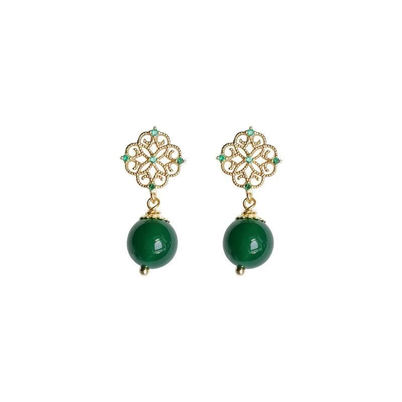 New Chinese Style Green Agate Zircon Micro Pave Hollow Lace Copper Drop Earrings