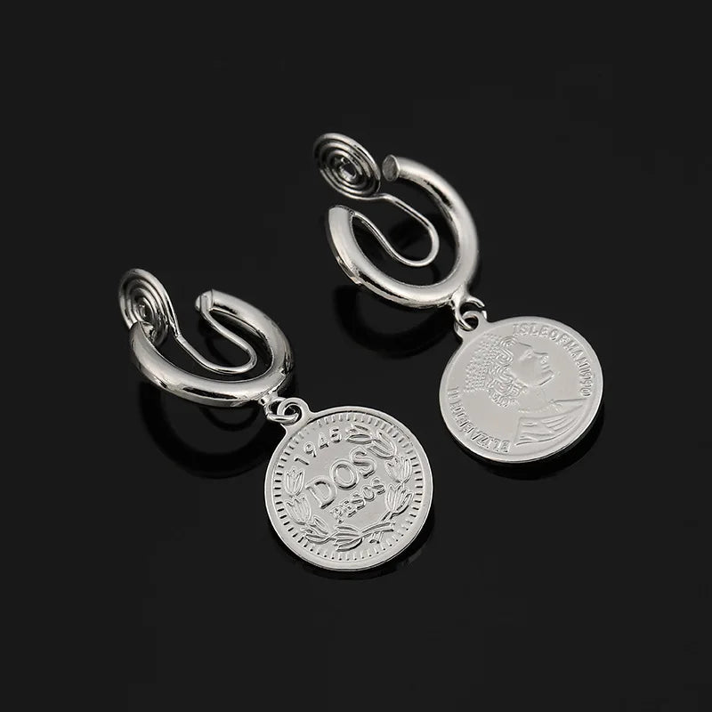 Vintage Silver Alloy Portrait Coin Spiral Hoop European Dangle Stud & Clip On No Piercing Earrings