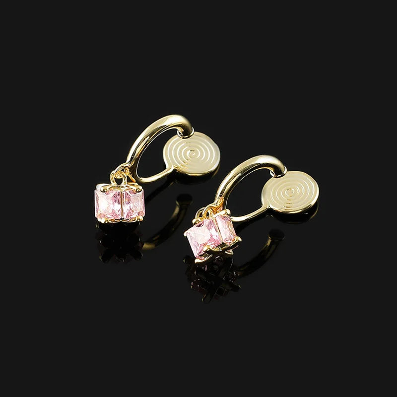 Elegant Spiral Disc Hoop With Square Pink Zircon Alloy Stud & Clip On No Piercing Earrings