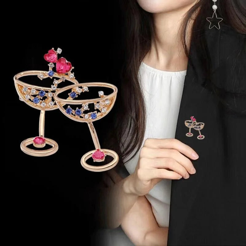 Elegant Gold Alloy Clinking Champagne Glasses Brooch With Colorful Rhinestones, Luxury Lapel Pin Gift