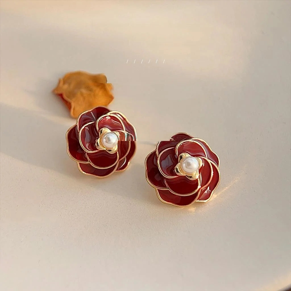 Hong Kong Style Vintage Burgundy Enamel Flower 14K Gold Plated Copper Stud Earrings
