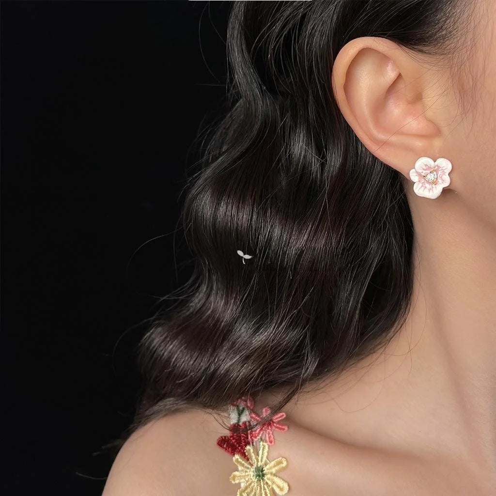 Sweet Enamel 3D Flower Stud Earrings Copper Micro Pave Zircon Office Jewelry