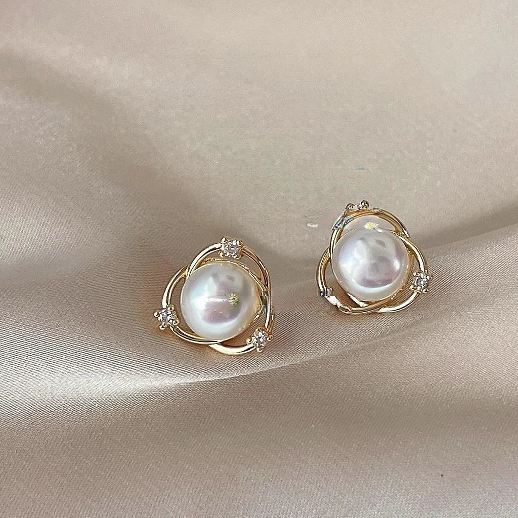 Freshwater Pearl Micro Pave Zircon 14K Plated Geometric Circle Cross Stud Earrings