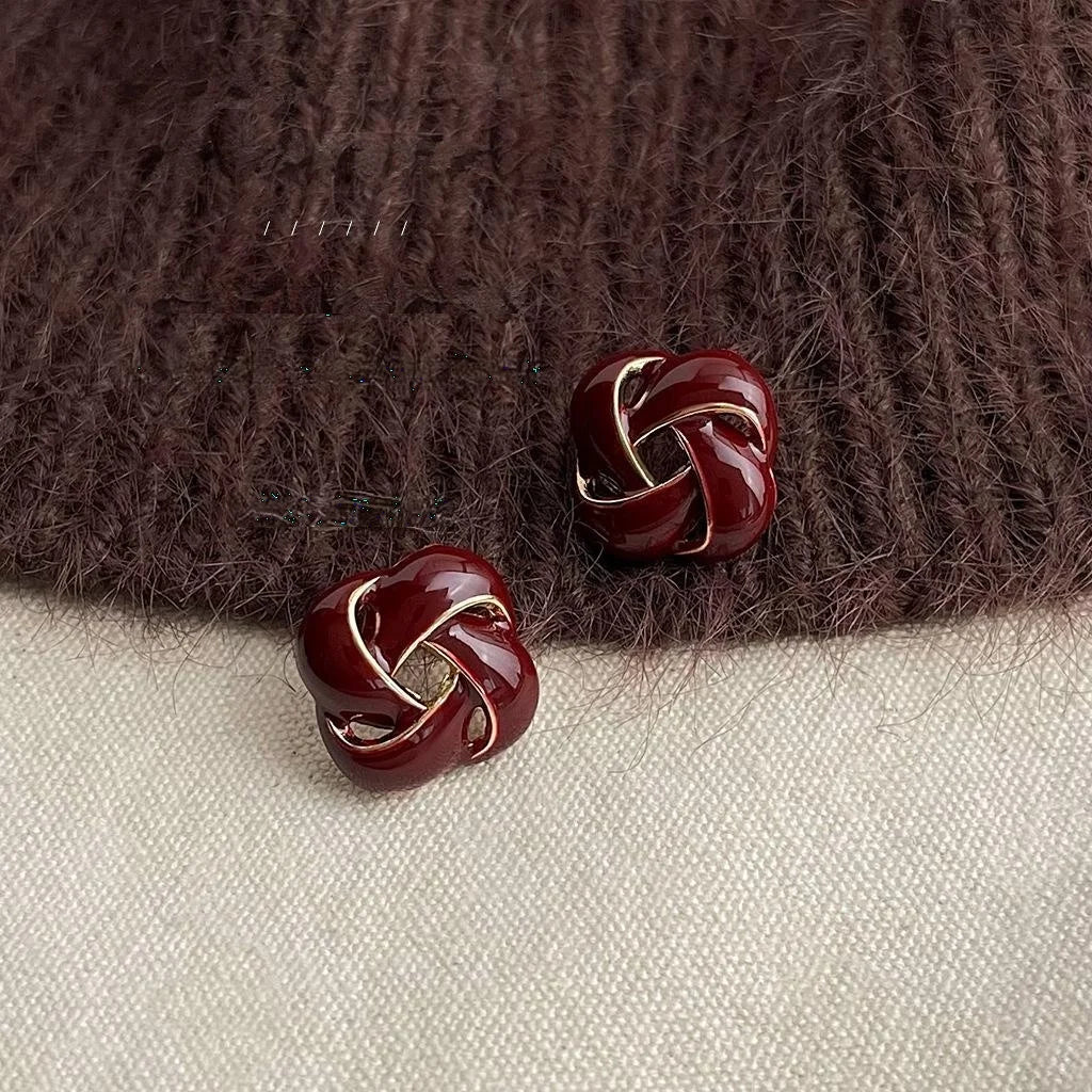 Premium Burgundy Enamel Geometric Hollow Stud Earrings, 14K Gold Plated Copper