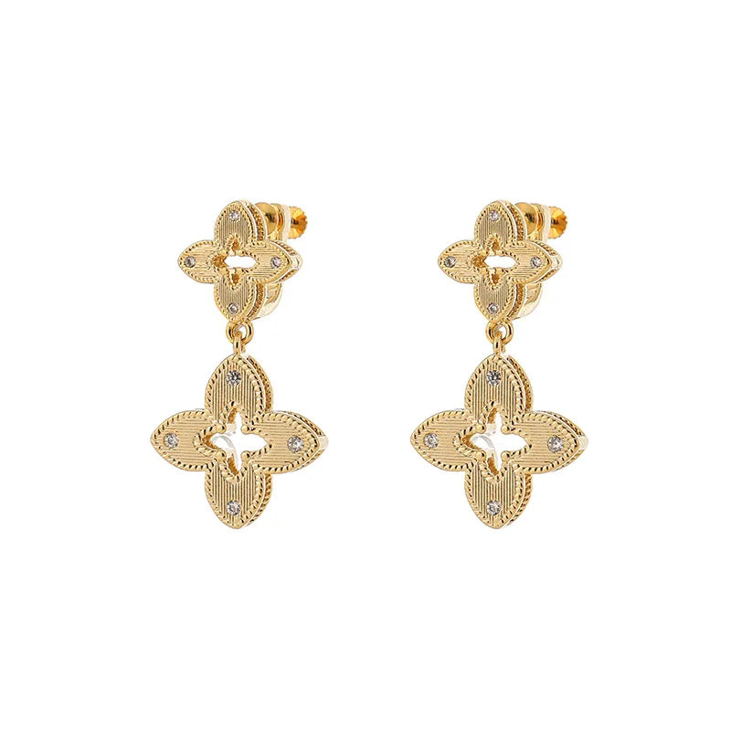 Elegant Gold Alloy Hollow Four Leaf Clover Rhinestone Dangle Stud & Clip On No Piercing Earrings