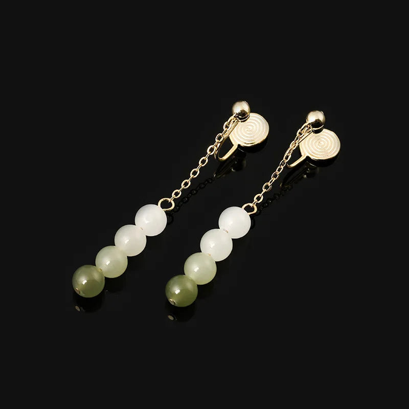 Vintage Chinese Style Gradient Jade Bead Tassel Alloy Spiral Disc Stud & Clip On No Piercing Earrings