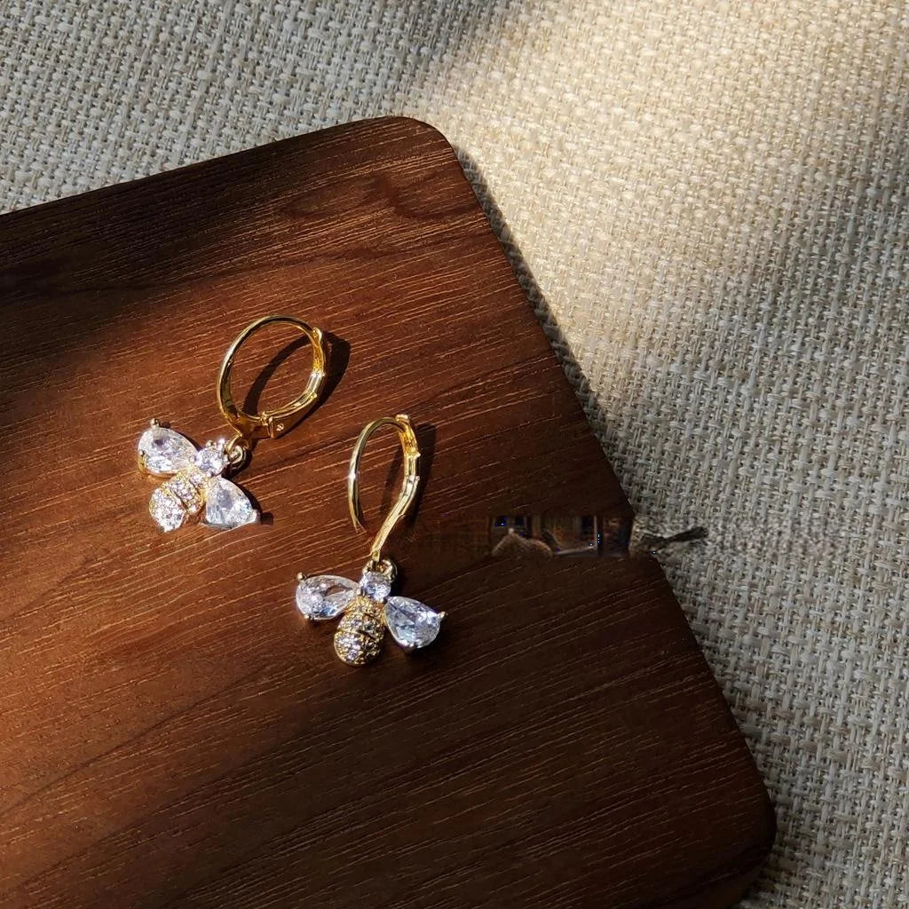 14K Gold Plated Copper Micro Pave Zircon Bee Drop Earrings Light Luxury Vintage Jewelry