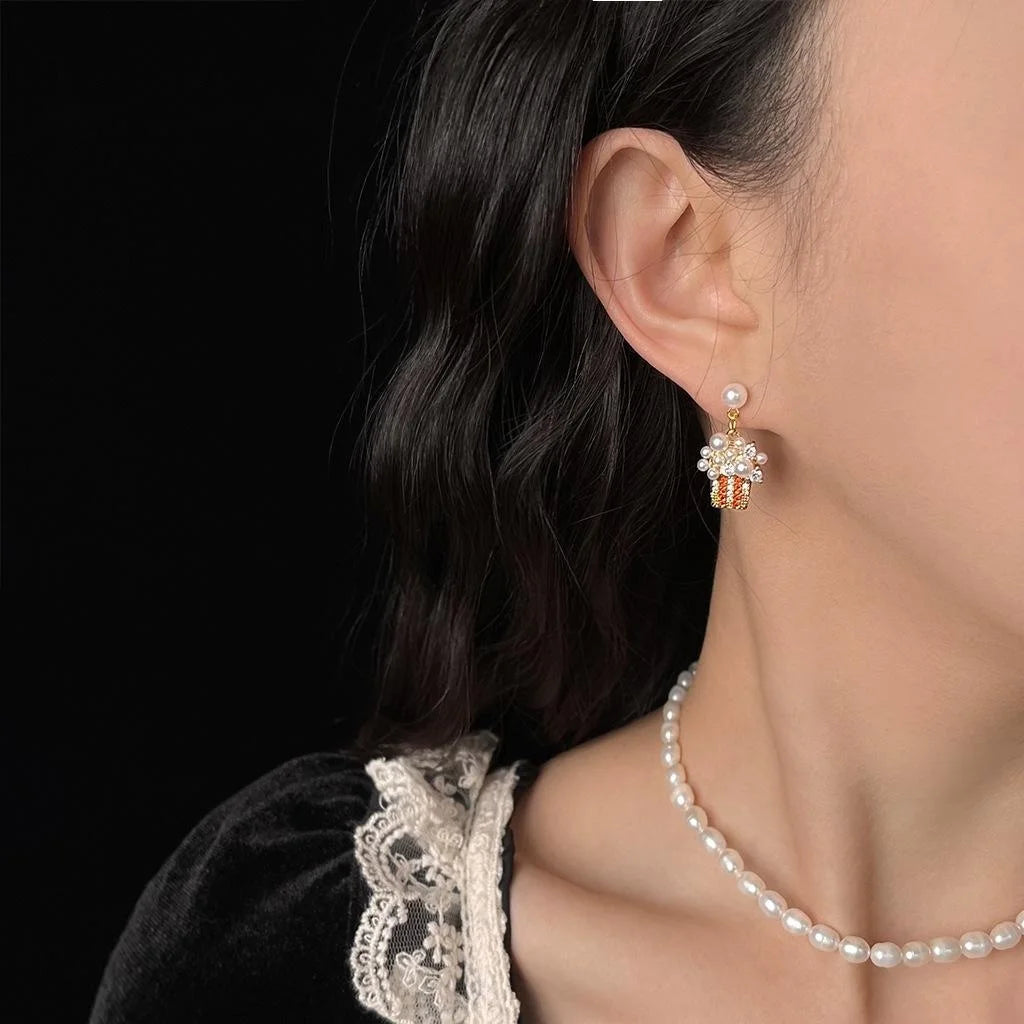 14K Gold Plated Copper Ice Cream Cartoon Pearl Zircon Drop Earrings Niche Designer Jewelry